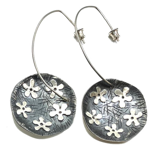 Oxidised Sterling Silver Earrings Round Flower Long Hooks