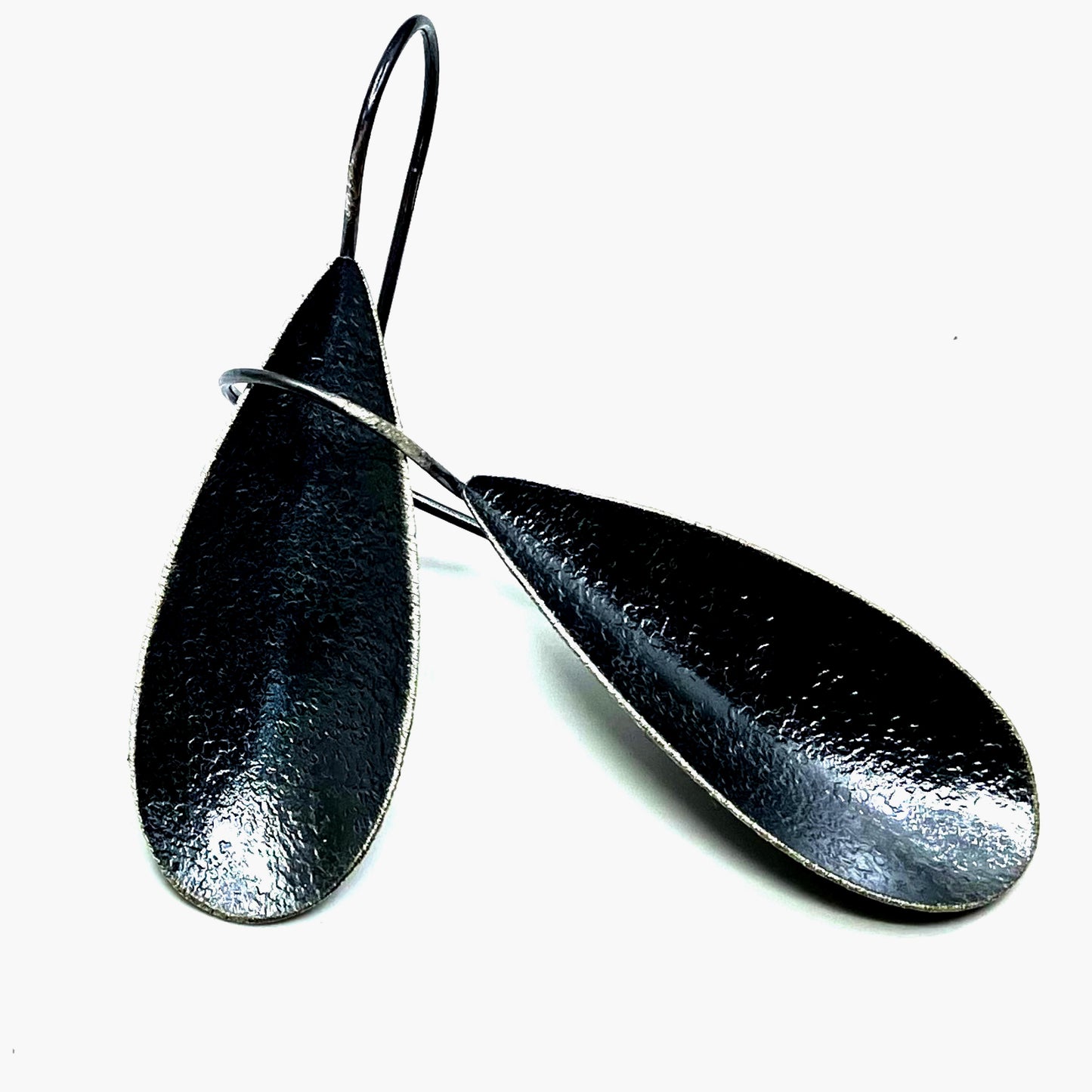 Oxidised Sterling Silver Earrings Long Pear Dish