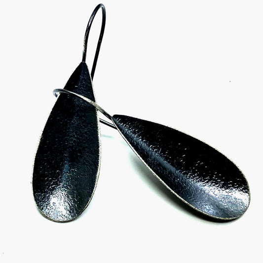 Oxidised Sterling Silver Earrings Long Pear Dish
