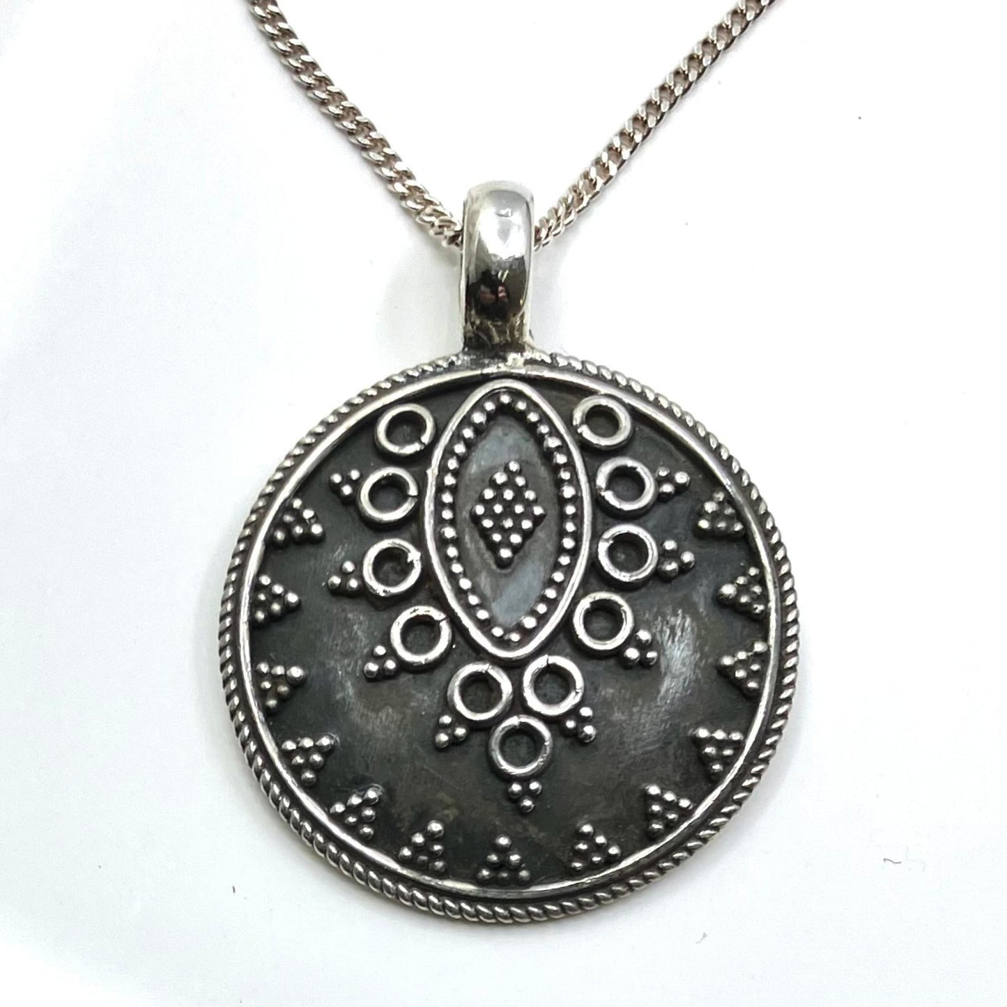 Oxidised Sterling Silver Pendant Round on Silver Chain