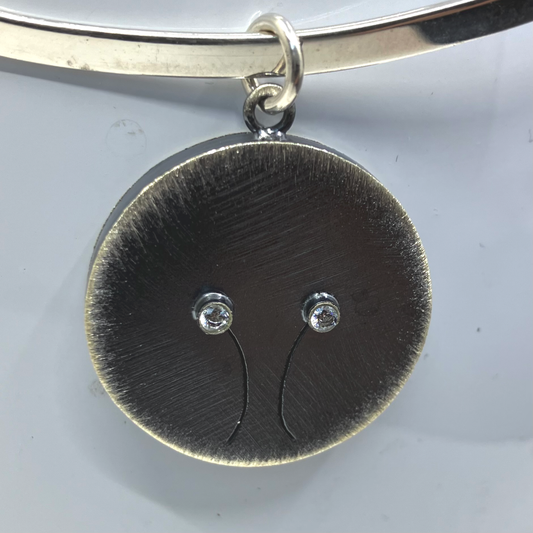 Oxidised Sterling Silver Pendant Round 2 CZ on Silver Torc