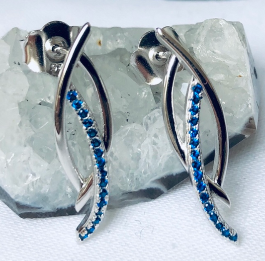Navy Cubic Zirconia Sterling Silver Wave Earrings