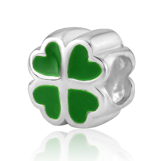 Celtic, Green Enameled 4 Leaf Clover on Sterling Silver Charm