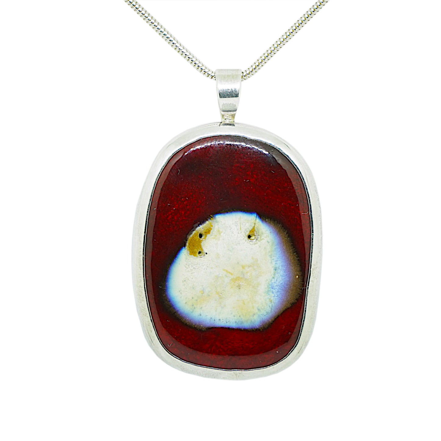 Red/Cream Ceramic Sterling Silver Pendant and Silver Chain