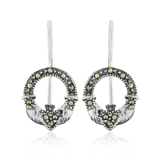 Claddagh Silver and Marcasite Earrings with Rigid Hooks