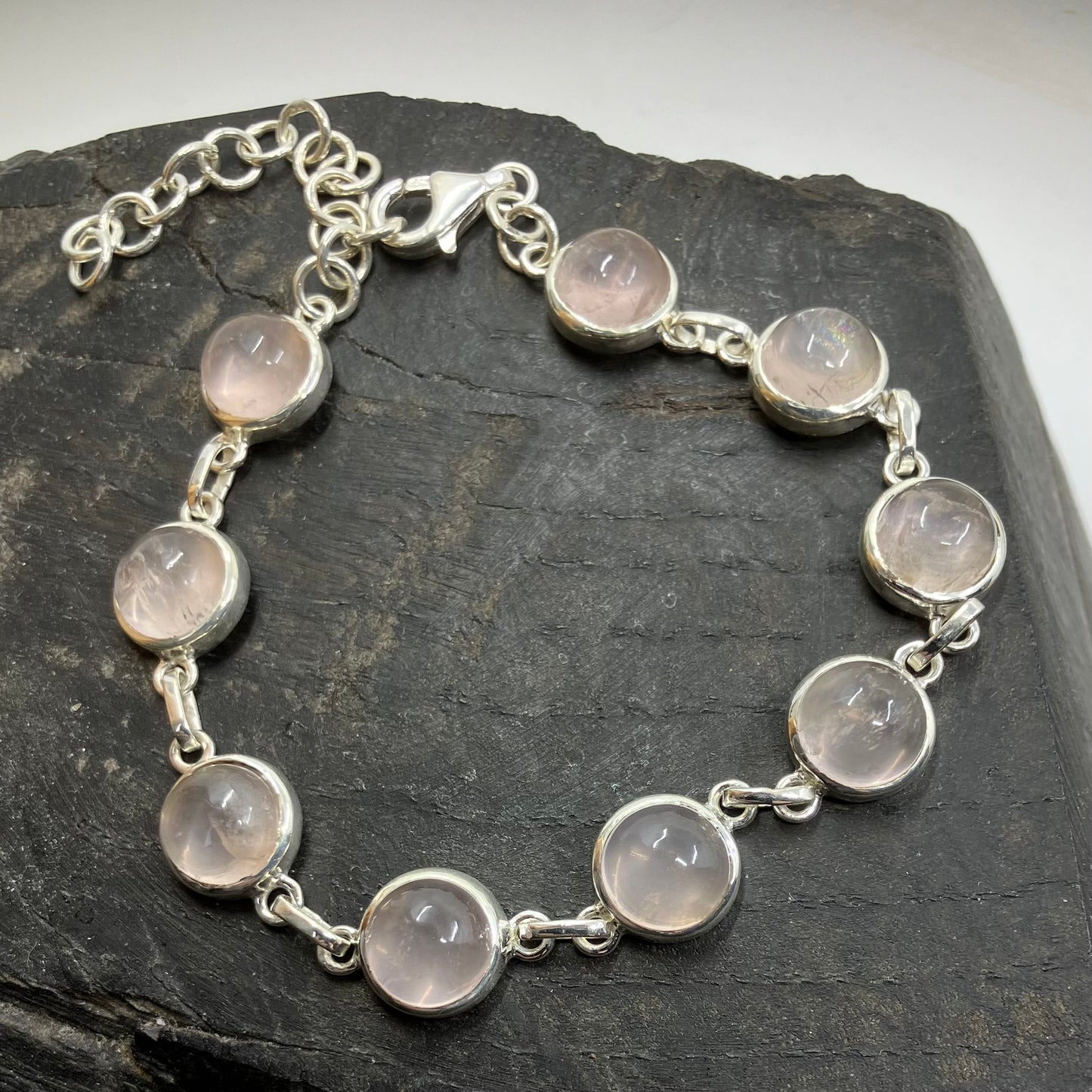 Rose Quartz and Sterling Silver Bracelet Round 9 Stone