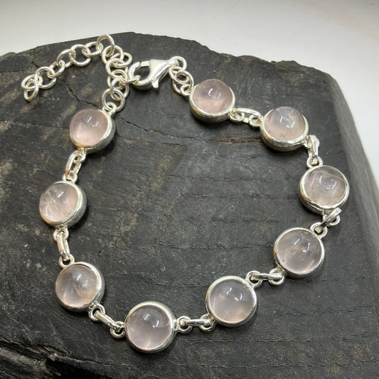 Rose Quartz and Sterling Silver Bracelet Round 9 Stone