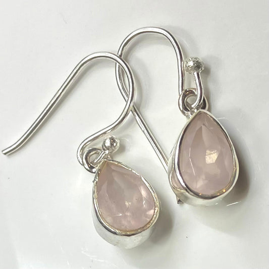 Rose Quartz and Sterling Silver Earrings Faceted Tear Drop Small