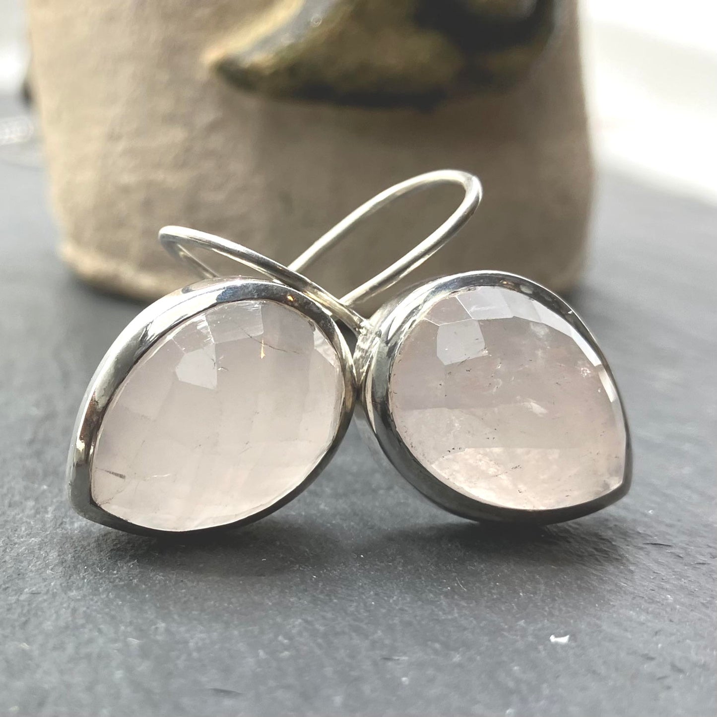 Rose Quartz and Sterling Silver Earrings Faceted Tear Drops