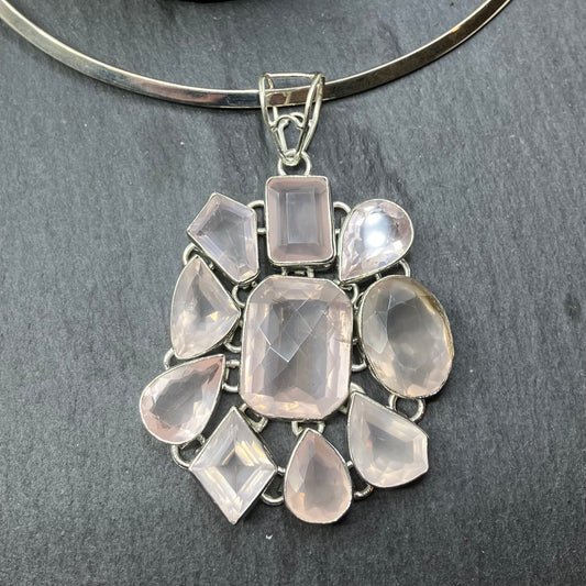 Rose Quartz and Sterling Silver Pendant Faceted 10 Stone on Silver Torc