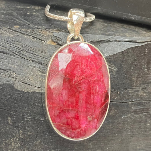 Ruby and Sterling Silver Pendant Oval Faceted on Silver Chain