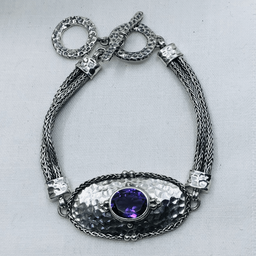 Amethyst and Sterling Silver Hammered Bracelet