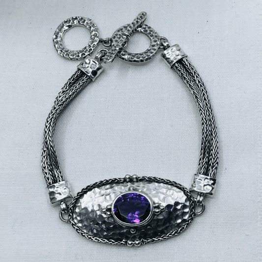 Amethyst and Sterling Silver Hammered Bracelet