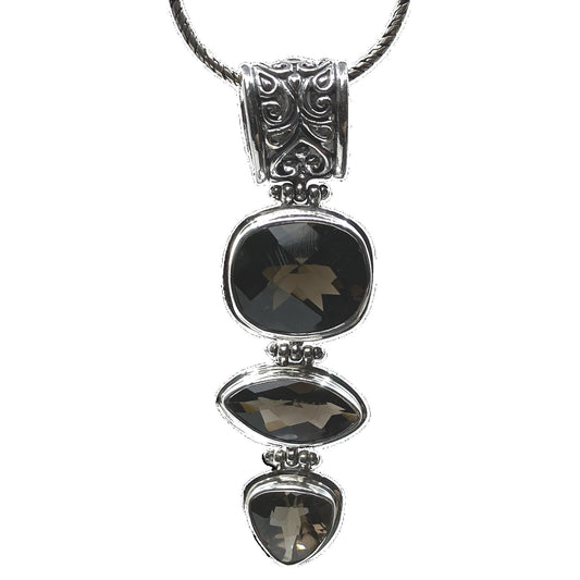 Smoky Quartz and Sterling Silver Pendant 3 Stone