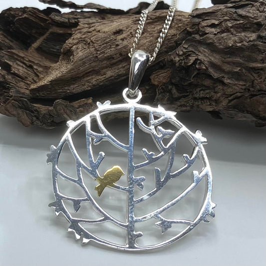 Sterling Silver and Gold Plate Pendant Round Tree and Bird with Silver Chain
