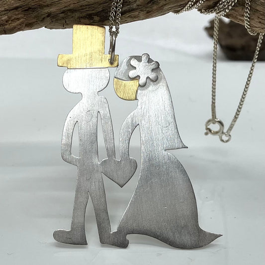 Sterling Silver and Gold Plate Pendant Wedding Couple on Silver Chain
