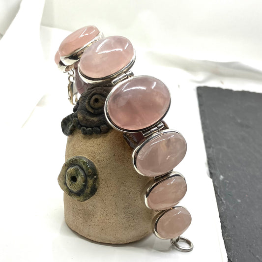 Rose Quartz and Sterling Silver Bracelet 7 big Oval Stones