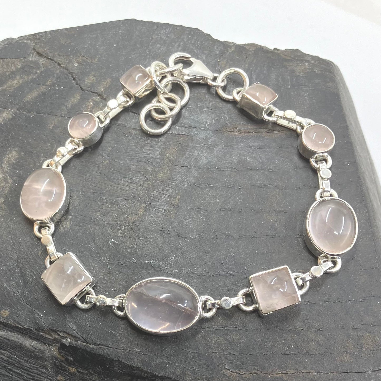 Rose Quartz and Sterling Silver Bracelet Multi shapes 9