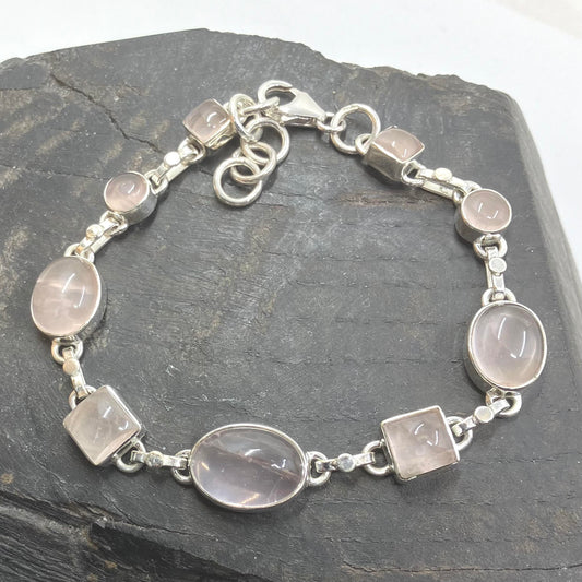 Rose Quartz and Sterling Silver Bracelet Multi shapes 9