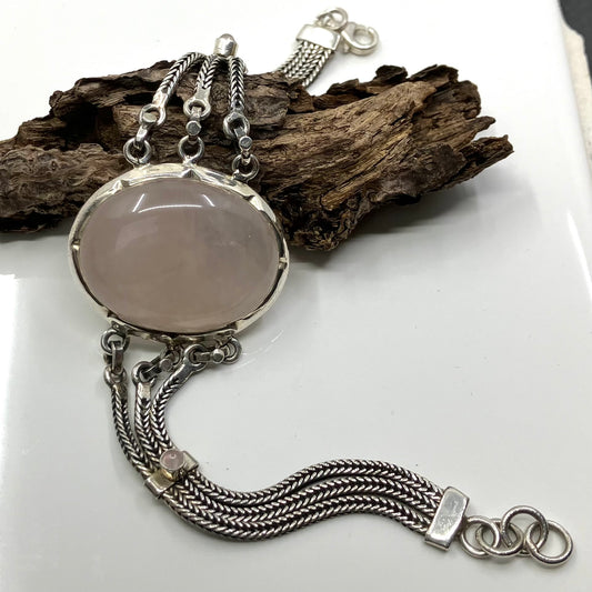 Rose Quartz and Sterling Silver Bracelet Big Oval and 2 Small Round Stones