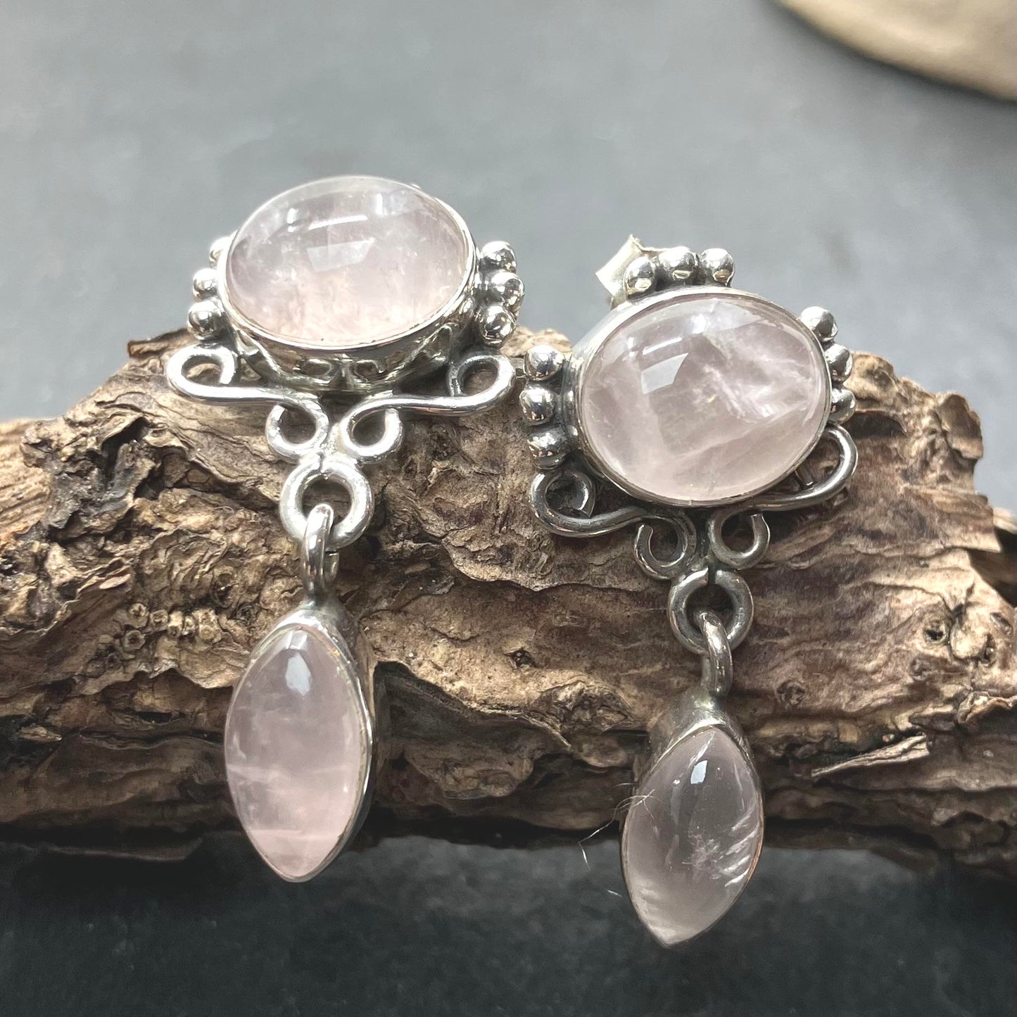 Rose Quartz and Sterling Silver Earrings 2 Stone Posts