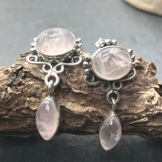 Rose Quartz and Sterling Silver Earrings 2 Stone Posts