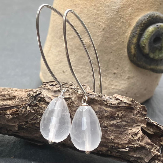 Rose Quartz and Sterling Silver Earrings Faceted Long Hooks