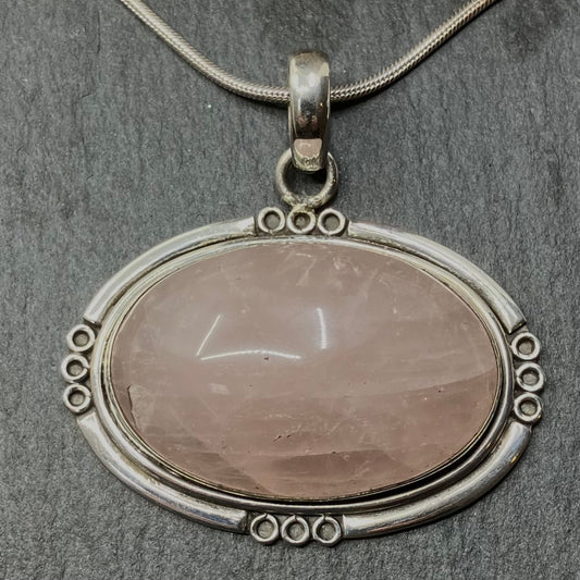 Rose Quartz and Sterling Silver Pendant Oval on Silver Chain