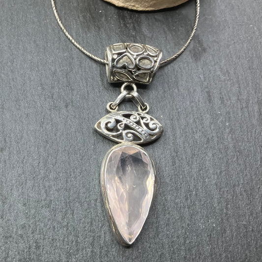 Rose Quartz and Sterling Silver Pendant Faceted Tear Drop with Filigree on Silver Chain