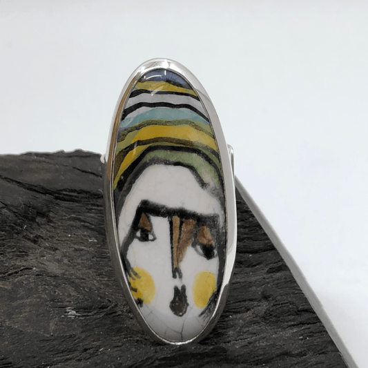 Handmade Ceramic Face in Sterling Silver Ring Keli