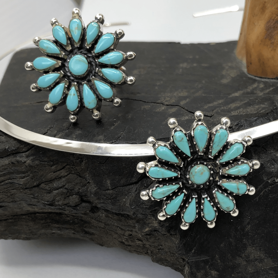 Turquoise Sun Sterling Silver Pendant and Silver Torc