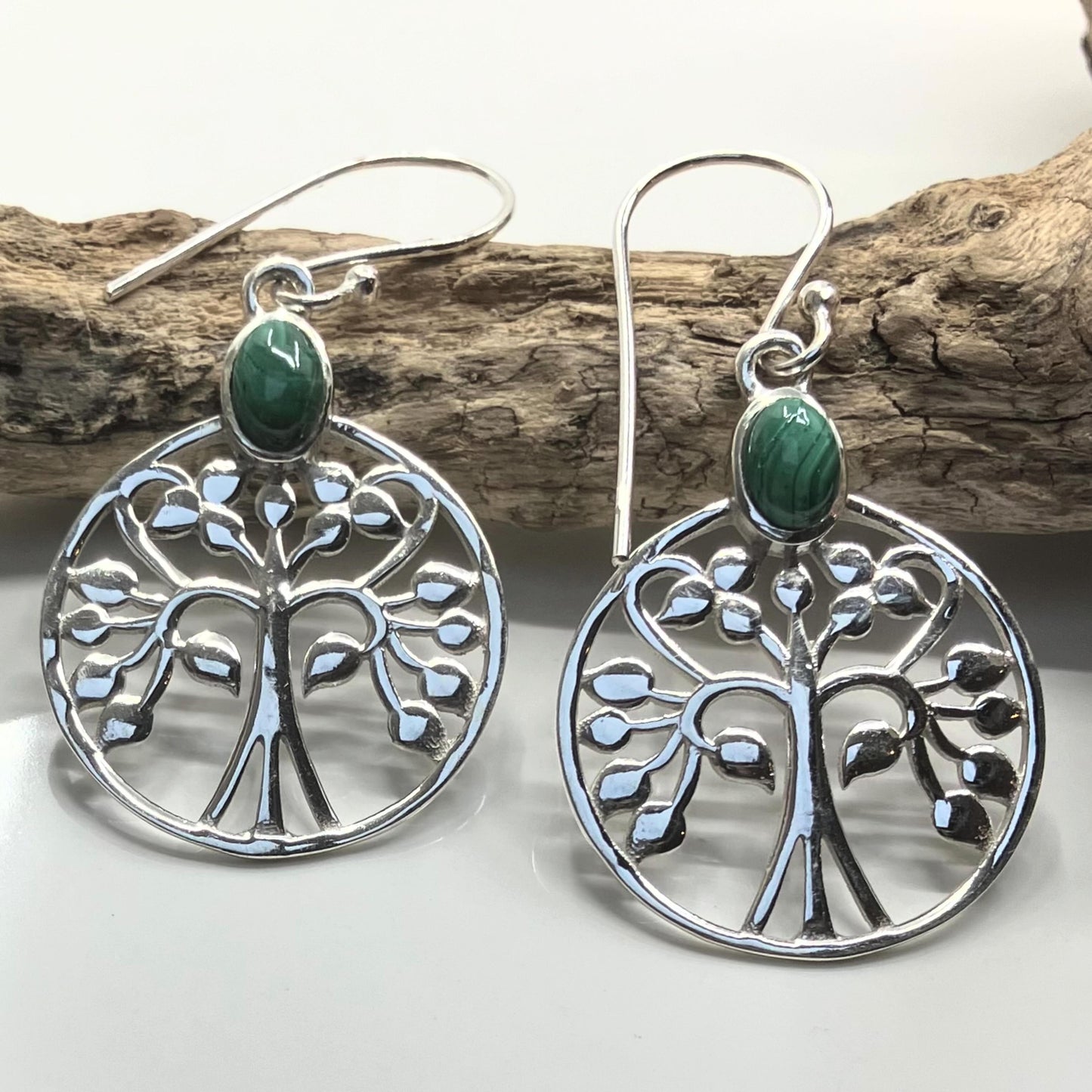 Malachite and Sterling Silver Earrings Tree of Life