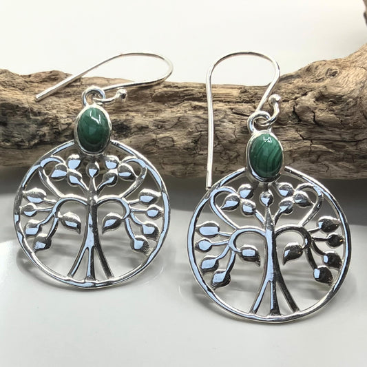 Malachite and Sterling Silver Earrings Tree of Life