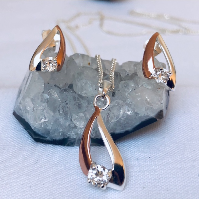 Sterling Silver with Rose Gold Plate and White CZ Pendant and Silver Chain
