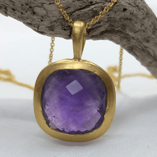 Amethyst and Sterling Silver Gold Plated Square Faceted Pendant and Chain
