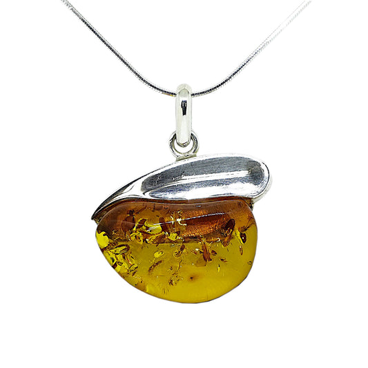 Amber Sterling Silver Pendant and Silver Snake Chain