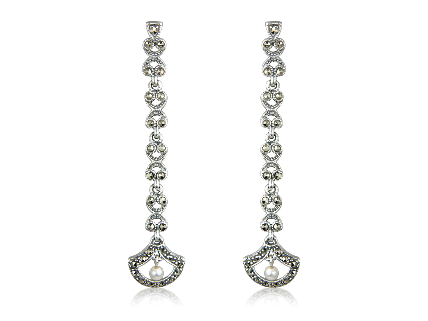 Marcasite and Pearl Drop Sterling Silver Earrings