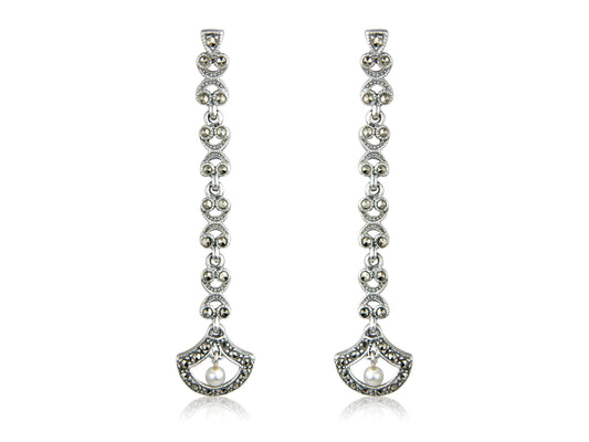 Marcasite and Pearl Drop Sterling Silver Earrings