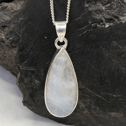 Rainbow Moonstone and Sterling Silver Long Teardrop Pendant and Silver Chain