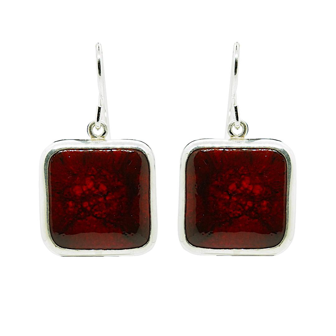 Red Ceramic Sterling Silver Handcrafted Square Drop Earrings