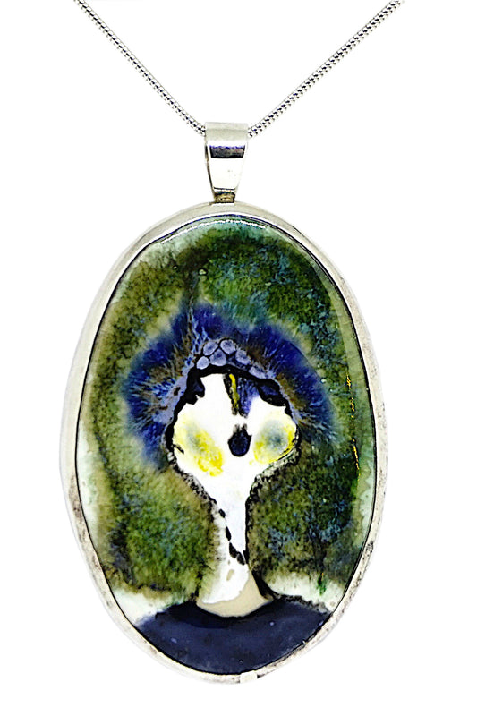 Hand Painted Ceramic Face Sterling Silver Pendant and Chain
