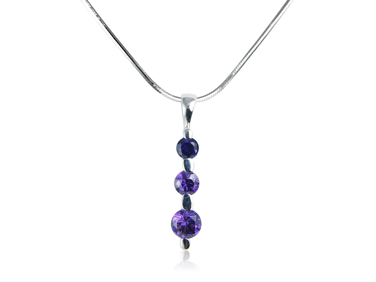 Amethyst CZ 3 Stone Sterling Silver Pendant and Chain