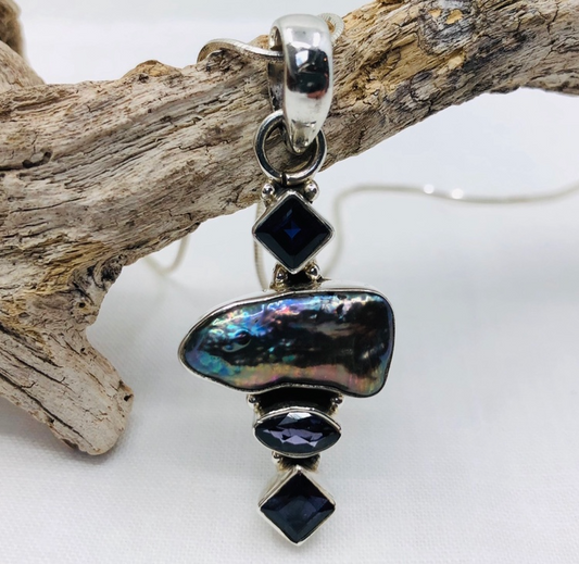 Pearl with Iolites and Amethyst Sterling Silver Pendant and Silver Chain