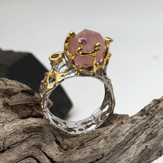 Rhodium and Gold Plated Silver Ring with Rough Rose Quartz and Sapphires