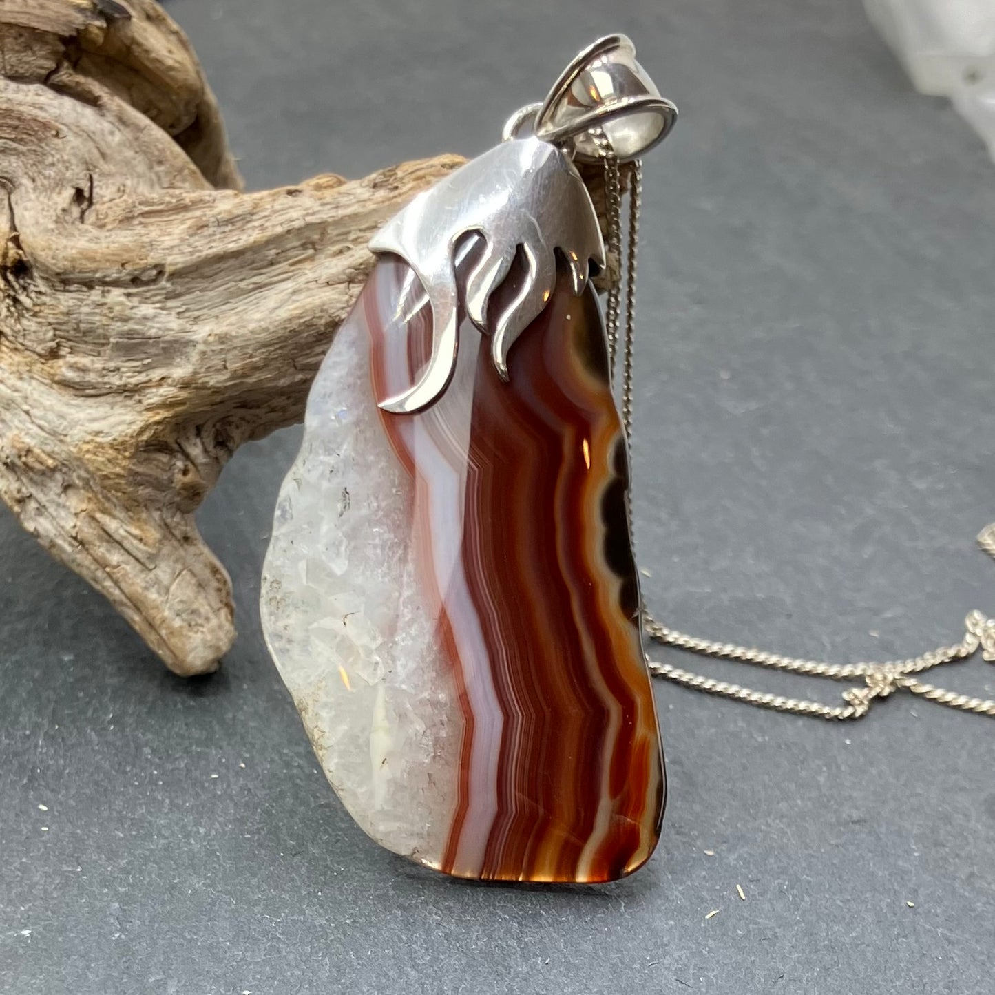 Agate and Sterling Silver Pendant Long on Silver Chain