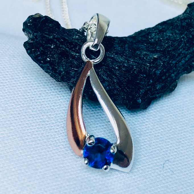 Sterling Silver with Rose Gold Plate and Navy CZ Pendant and Silver Chain