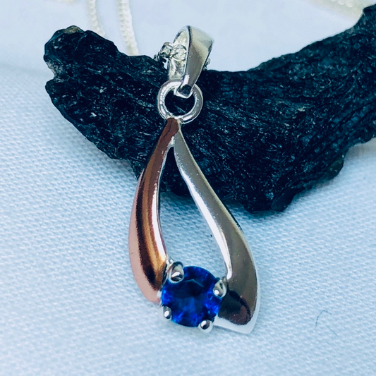 Sterling Silver with Rose Gold Plate and Navy CZ Pendant and Silver Chain