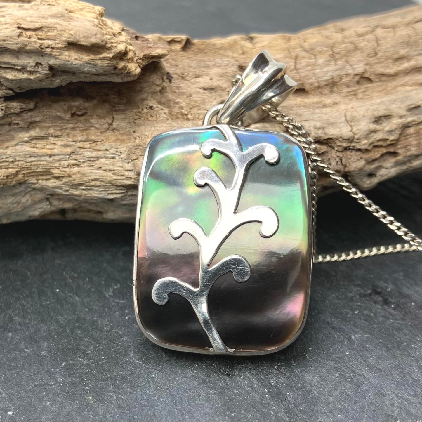Abalone Black and Sterling Silver Pendant Rectangle tree on 17" Silver Curb Chain
