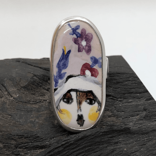 Handmade Ceramic Face in Sterling Silver Ring Mai