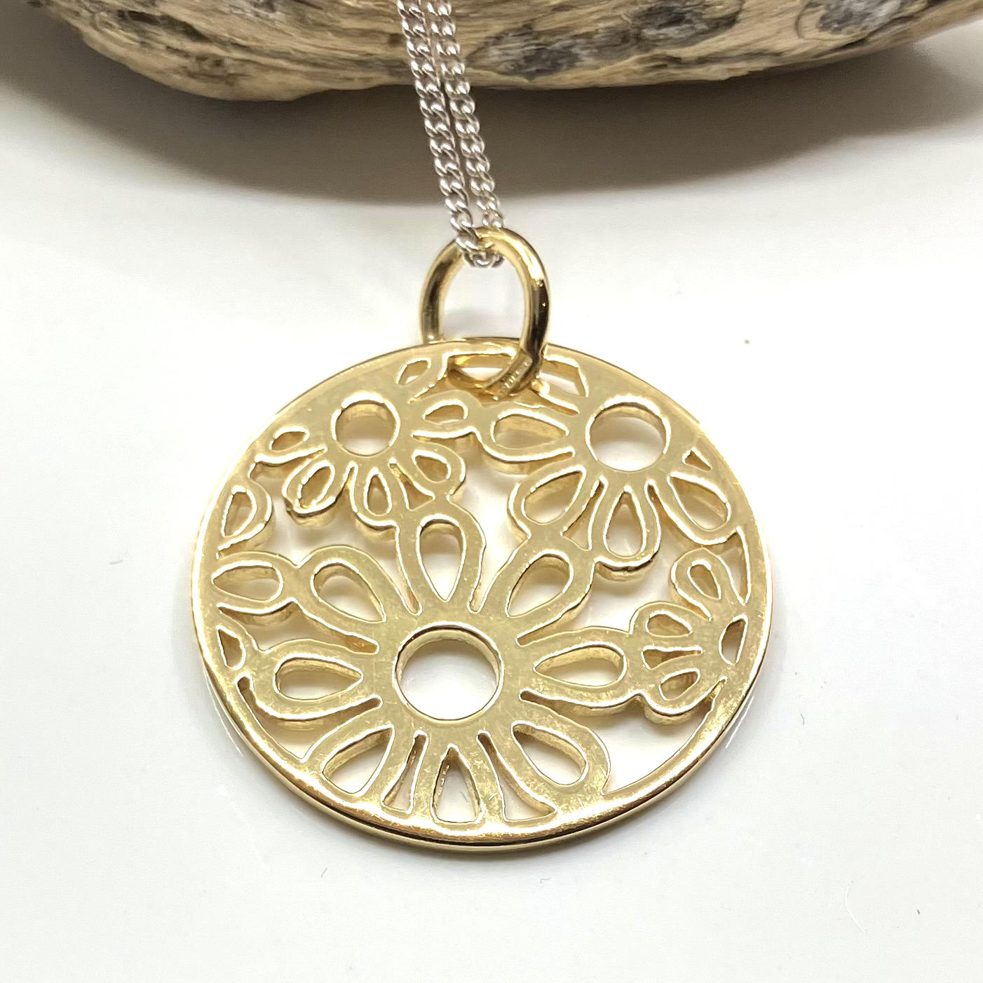 Gold Plated Sterling Silver Pendant Round Flowers on Silver Chain